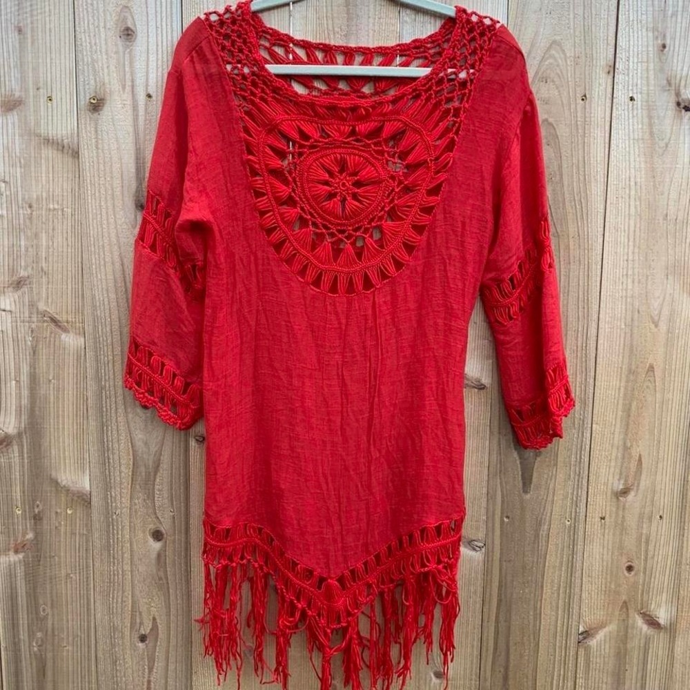 Red crochet dress medium spring summer beach Y2K date aesthetic Boho